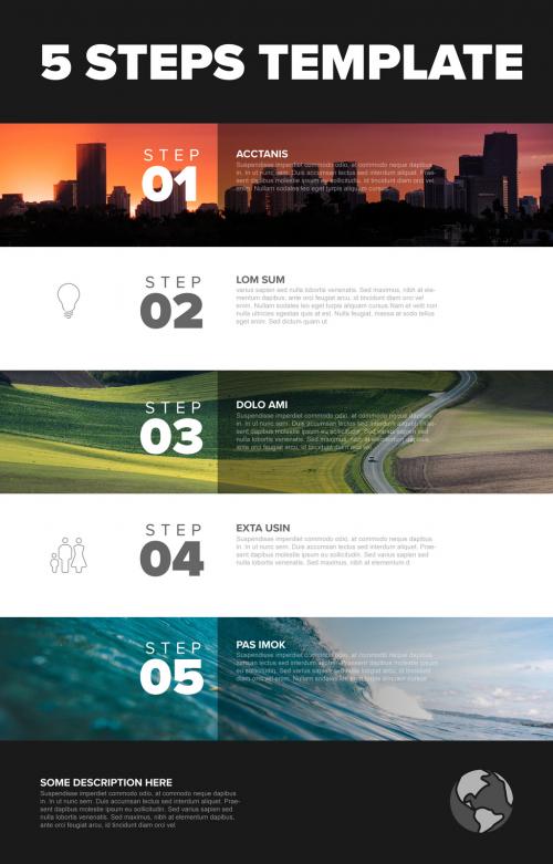 Five Stripe Steps Vertical Progress Page Layout with Big Photo Placeholders - 461120448