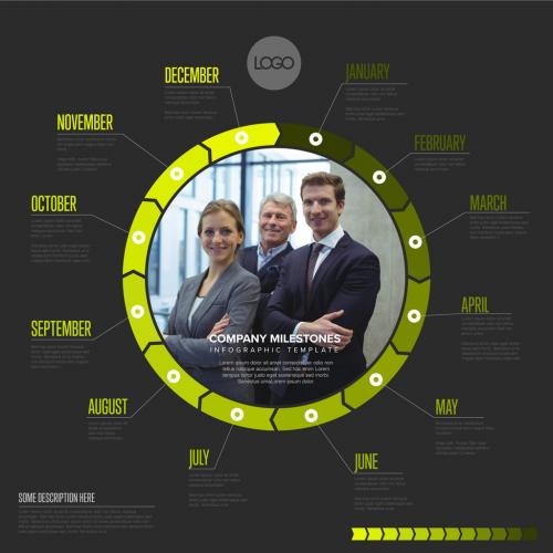 Full Year Dark Business Timeline Layout on Circle with Photo and Green Accent - 461120749