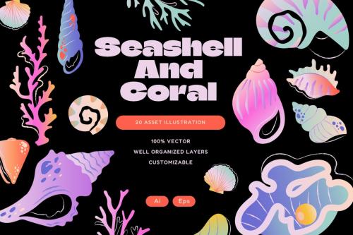Black Gradient Seashell and Coral Illustration Set