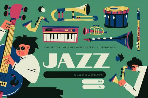 Green Flat Design Jazz Illustration Set