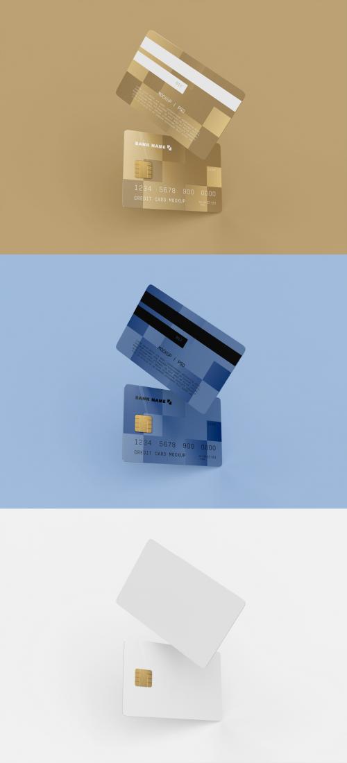 Front and Back View of Two Plastic Credit Cards Mockup - 461123233