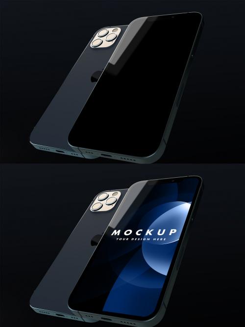 iphone 12 Pro Pacific Blue Color in Front and Back Side View and Black Background - 461123885