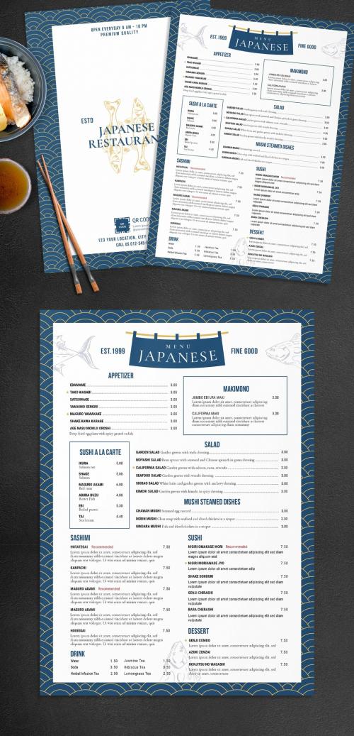 Japanese Sushi Restaurant Menu Layout with Blue Wave Pattern - 461123914