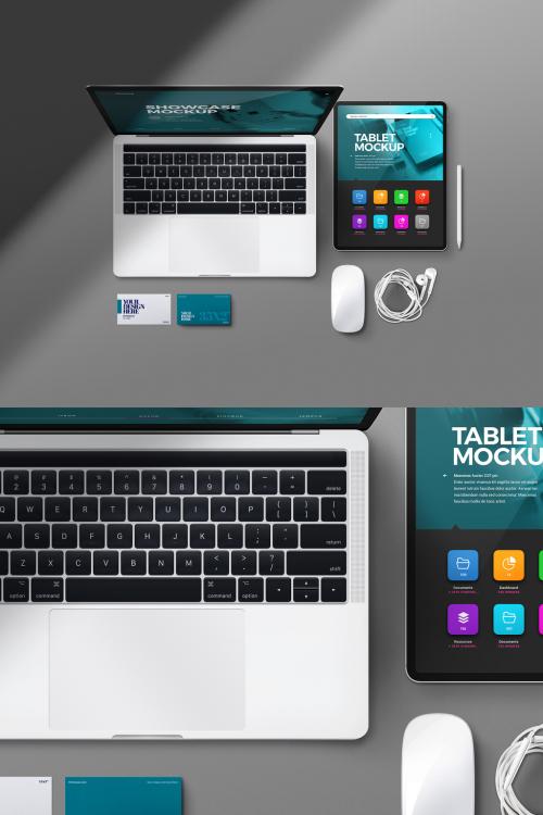 Laptop Mockup with Tablet Mouse Digital Pen Earphones Business Card - 461124233
