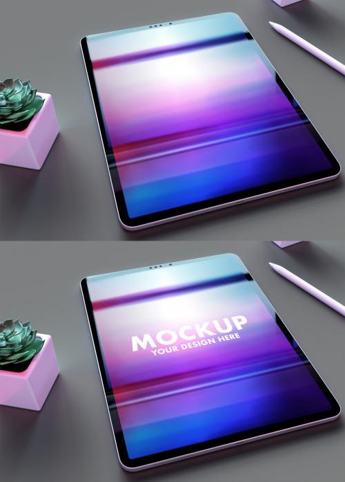 My Pad Pro Tablet Mockup on a Clean Grey Desk and Trendy Succulents Flowers - 461126181
