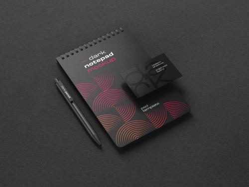 Dark Stationery Branding Mockup with Notepad and Business Card - 461126204