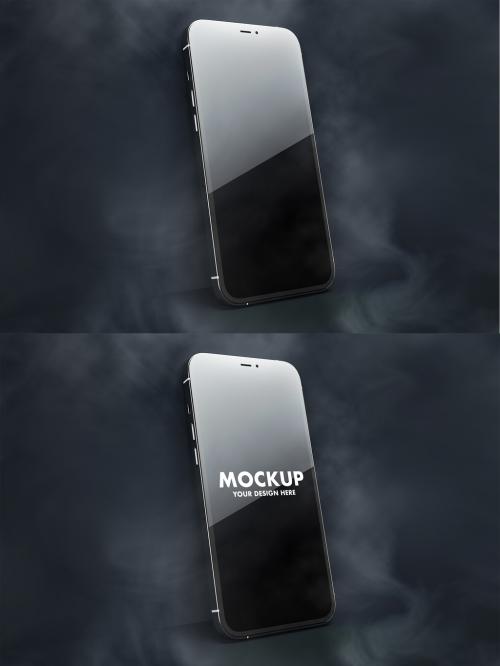 iphone 12 Pro Dark in Front and Back Left Side View and Grey Background Wall with Smoke - 461126965