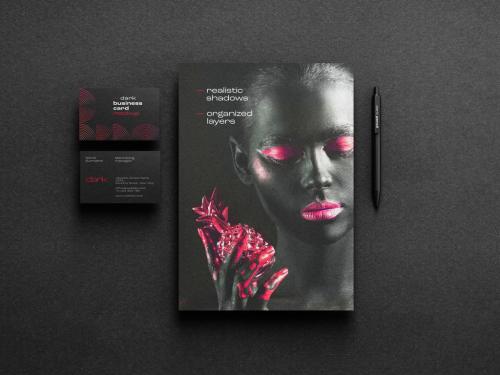Dark Stationery Branding Mockup with Flyer and Business Card - 461127233