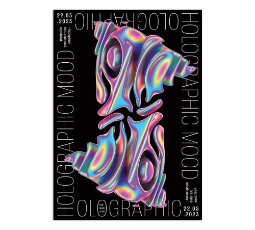 Modern Event Poster Layout with Liquid Metal Holographic 3D Shapes Composition - 461332163