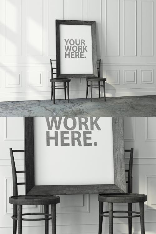 Black Wooden Vertical Frame Mockup Standing on the Two Chairs in Empty Interior - 461341784