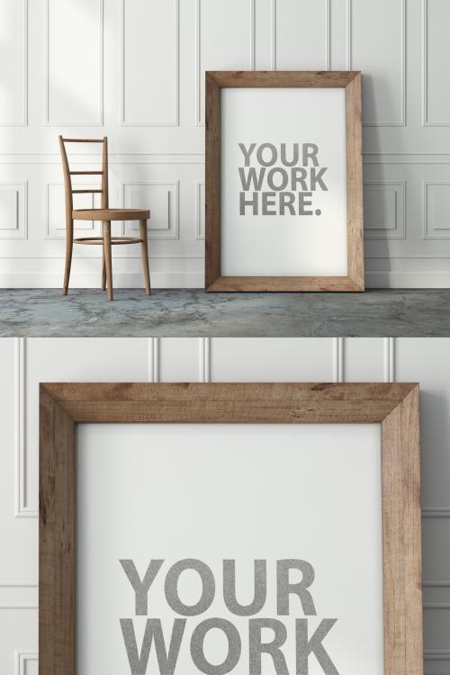 Wooden Vertical Frame Mockup Standing on the Floor Near Wooden Chair in Room - 461341787