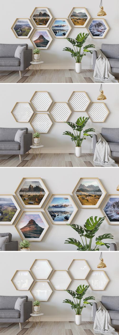 Hexagon Photo Frames Mockup Hanging on Interior Wall - 461350642