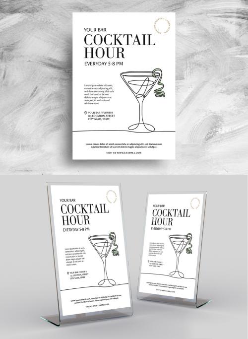 Happy Hour Bar Flyer with Cocktail Glass Illustraion - 461500610