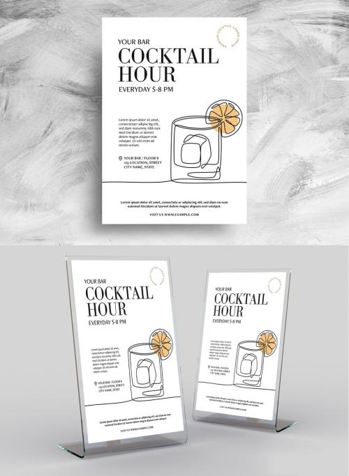 Happy Hour Bar Flyer with Cocktail Drink Illustration - 461500636