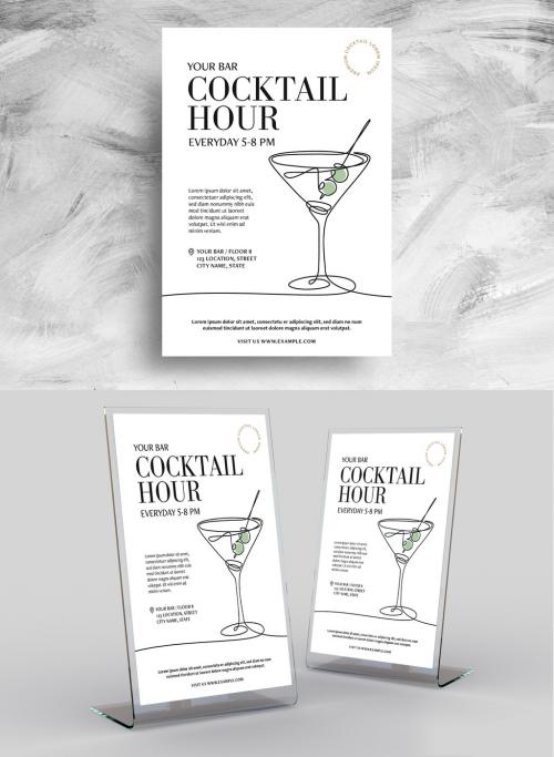 Cocktail Bar Happy Hour Flyer with Martini Illustration - 461500642