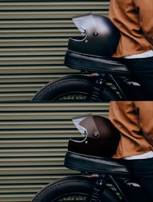 Black Helmet Mockup Placed on a Motorcycle - 461594834