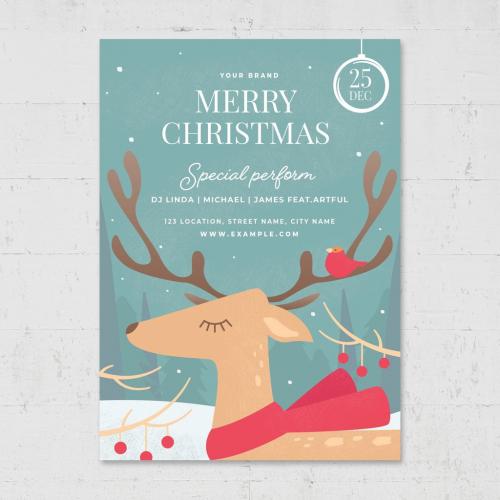 Christmas Flyer Greetings Card with Reindeer Winter Scene - 462310569