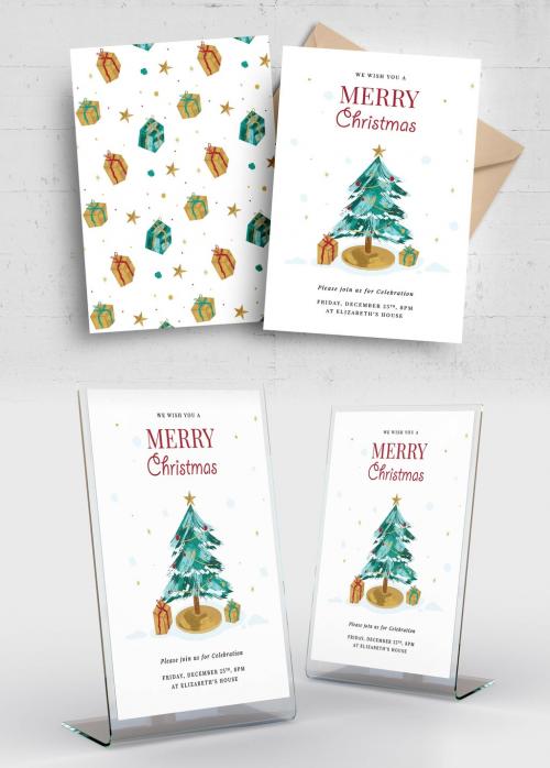 Christmas Flyer Greetings Card Printable with Christmas Tree Illustration - 462310805