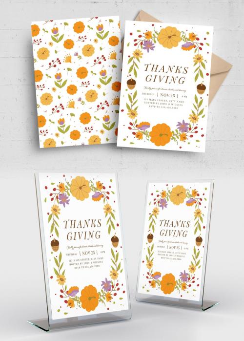 Thanksgiving Flyer Card Invitation with Autumnal Fall Border Illustration - 462311042