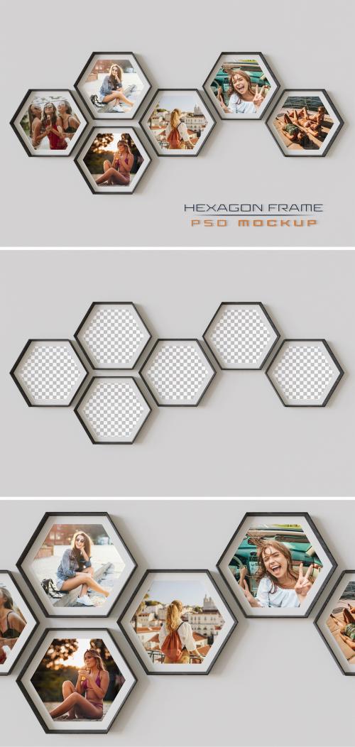 Hexagon Photo Frames Mockup Hanging on Wall - 462954525