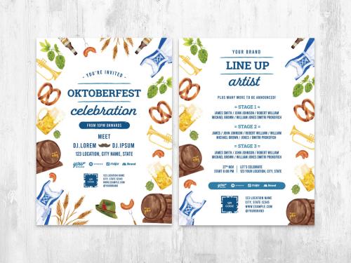Oktoberfest Beer Festival Flyer with Watercolor Illustrations - 462954535