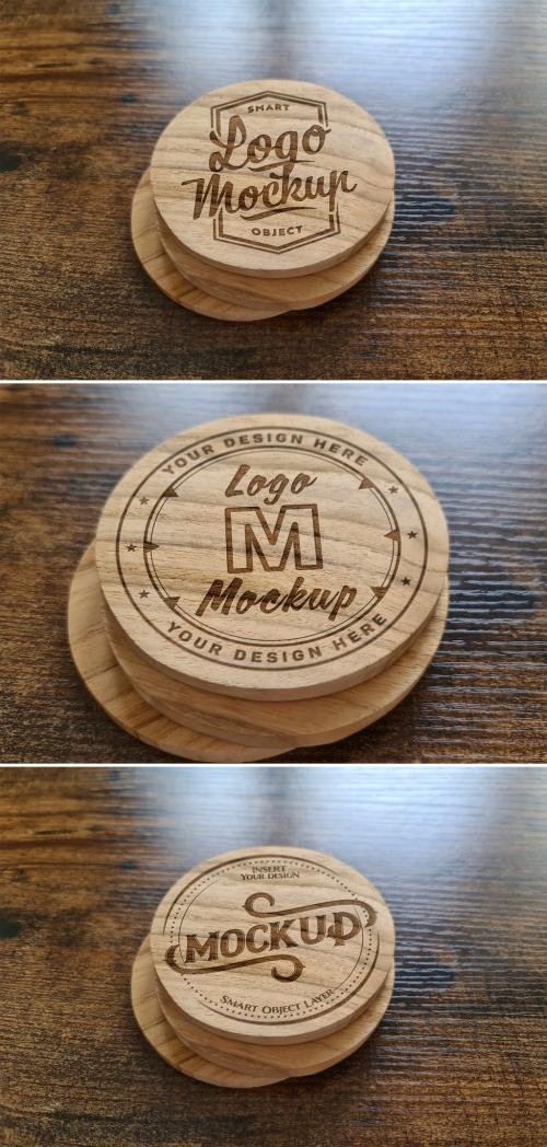Wooden Coaster Mockup with Engraved Logo - 462954555