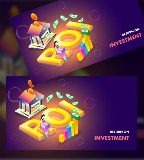 Purple Landing Page Design with Glossy 3D Roi Text, Bank, Financial Graph and Businesswoman Working in Laptop - 462954571