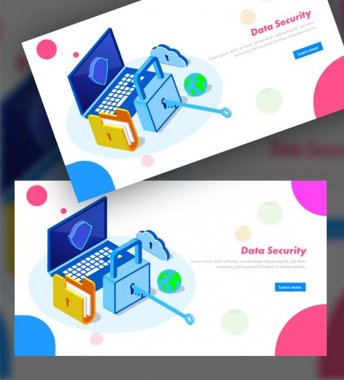 Data Security Landing Page Design with Isometric Laptop, Padlock and File Folder - 462954578