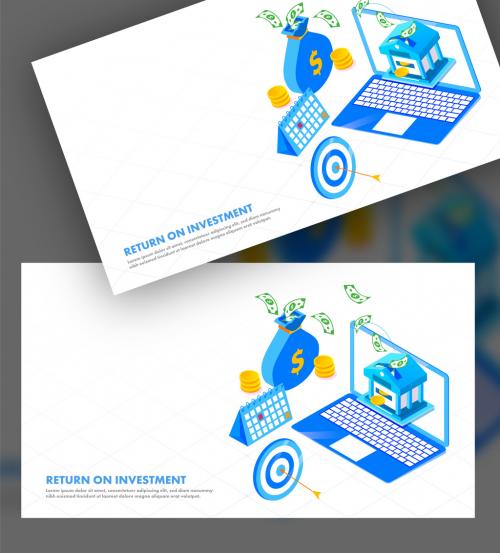Return on Investment (Roi) Landing Page Design with 3D Online Money Transferring or Saving from Laptop - 462954581