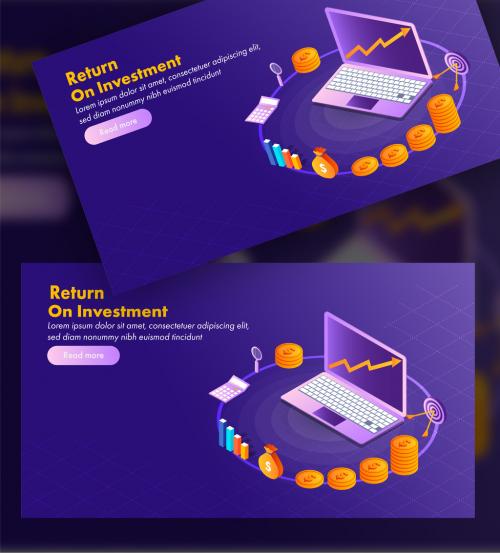 Return on Investment (Roi) Concept Based Landing Page with Isometric Laptop, Coins and Bar Graph - 462954588