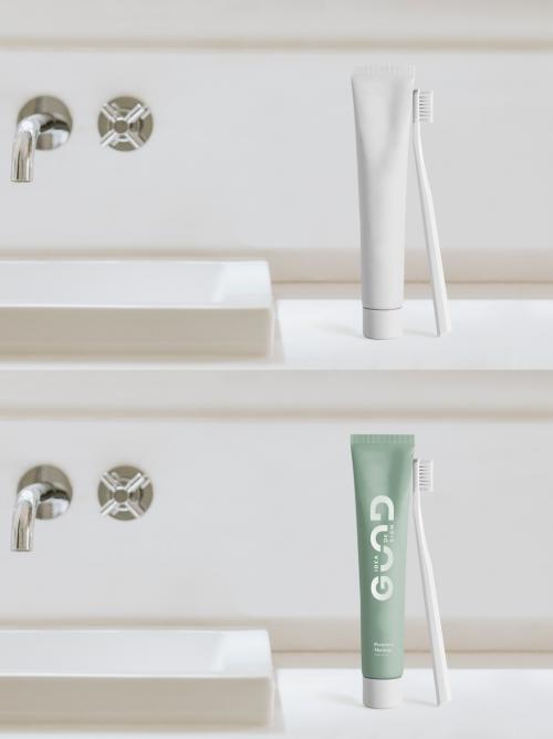 Toothbrush and Toothpaste Mockup in Bathroom - 462954612