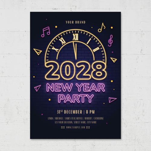 Nye New Years Eve Party Flyer Poster with Neon Style Countdown Clock - 463694509