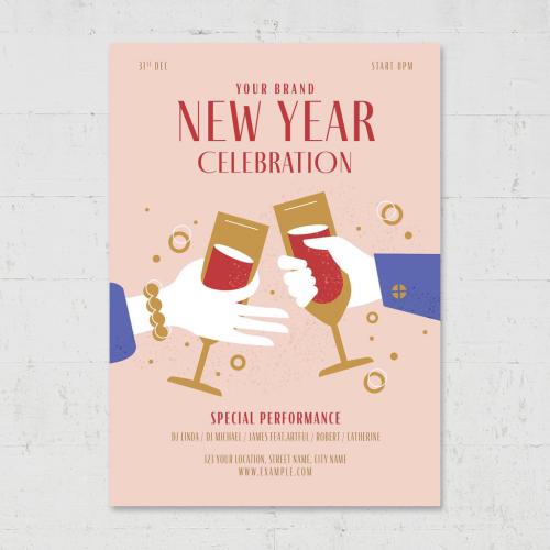 Nye New Years Eve Party Flyer Poster with Clinking Champagne Glasses - 463694524