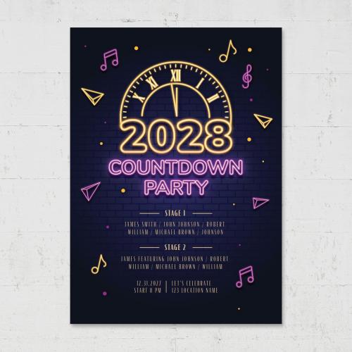 Neon Nye New Years Eve Party Flyer Poster with Countdown Clock - 463694538