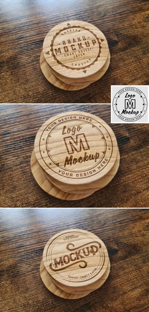 Wooden Coaster Stack Mockup with Engraved Logo - 463694927