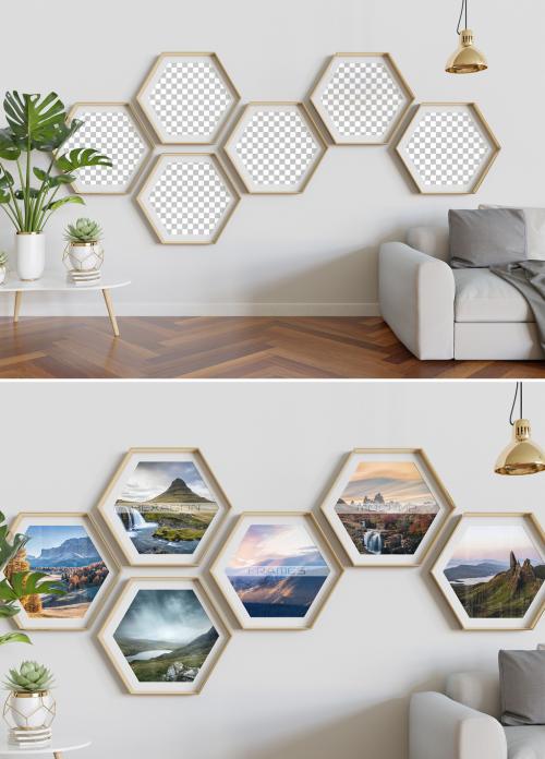 Hexagon Photo Frames Mockup Hanging on Interior Wall - 463694935