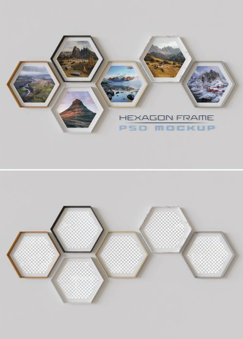 Hexagon Photo Frames Mockup Hanging on Wall - 463694938