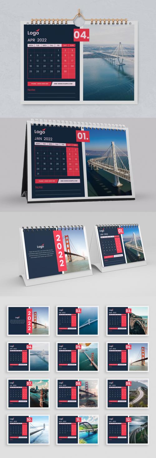 2022 Clean Desk Calendar with Red Premium Vector Layout - 463695238