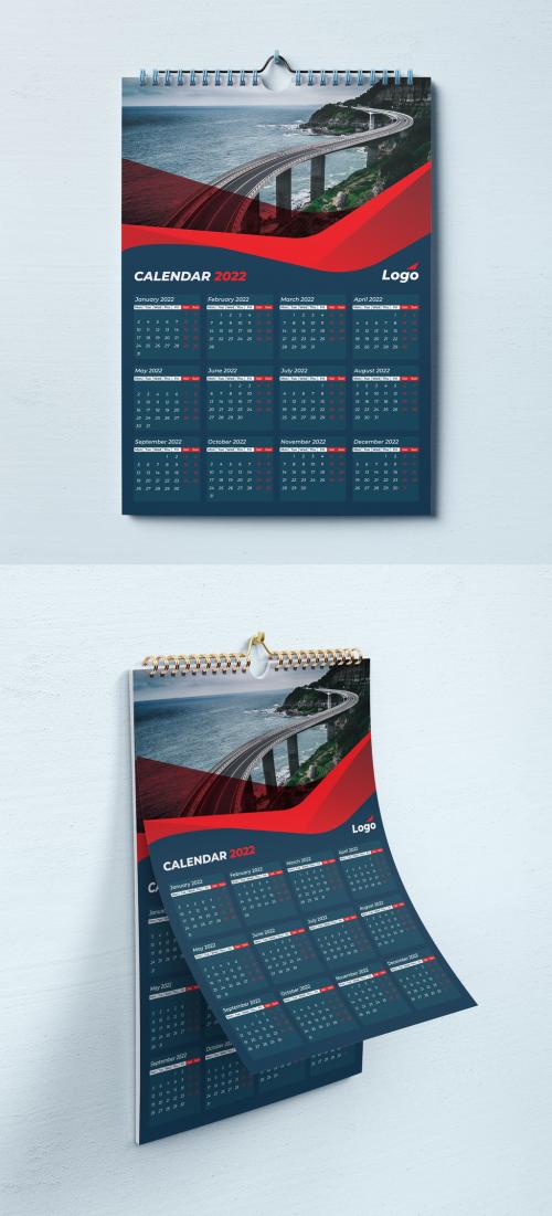 Single Page 2022 Wall Calendar with Red Vector Accents - 463695260