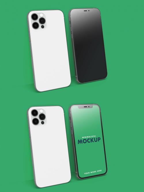 Front and Back Pro Smartphone on a Clean Flat and Colorful Green Wall Background - 463916928