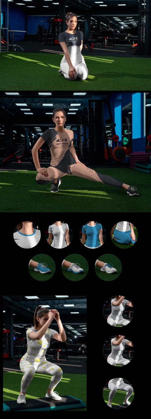 3 Mockups of Woman in T-Shirt and Leggings in the Gym - 464128264