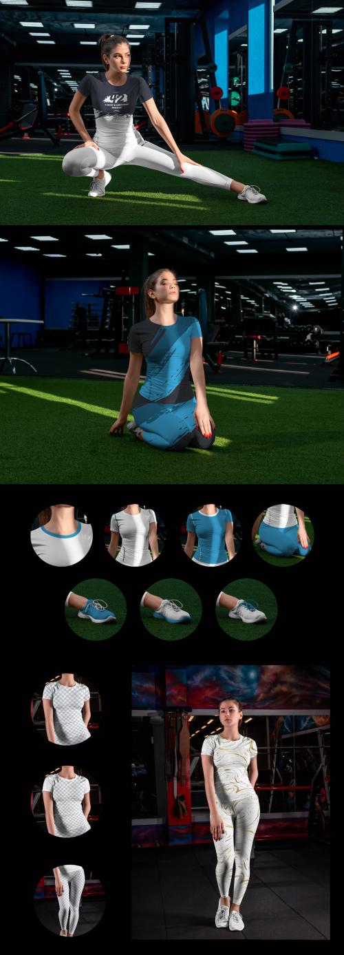 3 Mockups of Woman in T-Shirt and Leggings in the Gym - 464128265