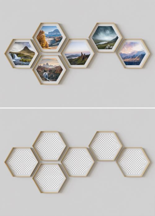 Gold Hexagon Photo Frames Mockup Hanging on Wall - 464129669