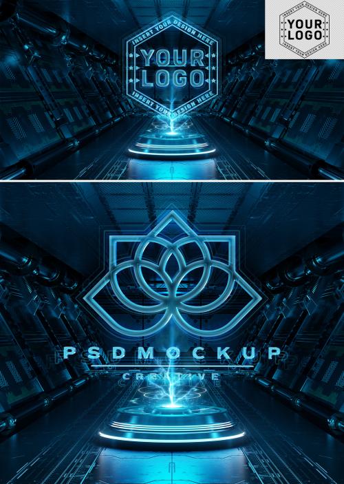 Glowing Neon Logo Mockup with Hologram Effect - 464129672
