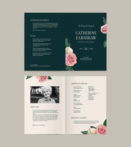 Funeral Program Layout with Roses and Leaves - 464583900