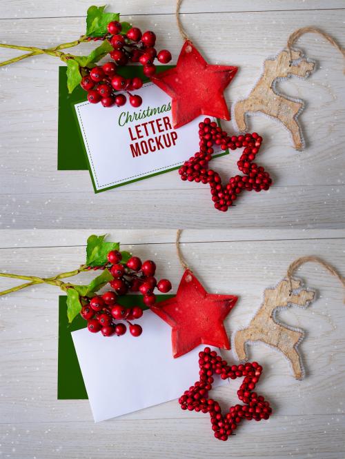 Christmas Letter and Envelope with Decorations Mockup - 466042059