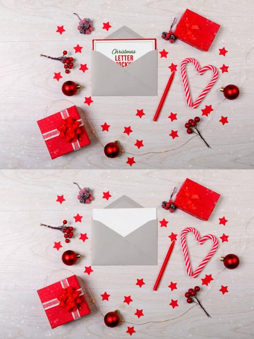 Christmas Letter and Envelope with Decorations Mockup - 466042063