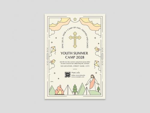 Church Youth Camp Flyer Layout with Soft Colors Line Art Illustrations - 466577443
