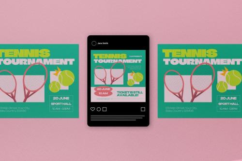 Green Flat Design Tennis Tournament Flyer Set