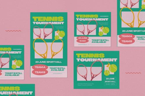 Green Flat Design Tennis Tournament Flyer Set